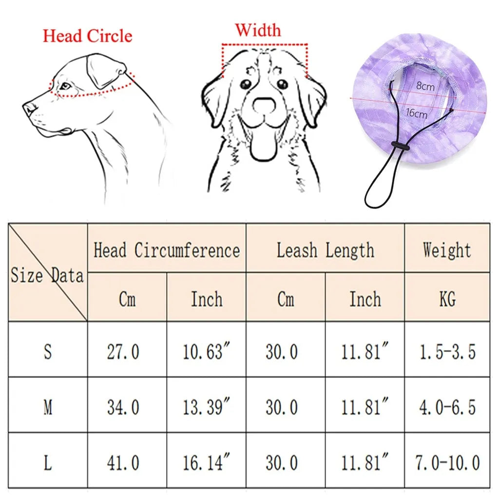 Pet hat with ear holes in blue for small dogs, with adjustable chain rope and tie-dye pattern