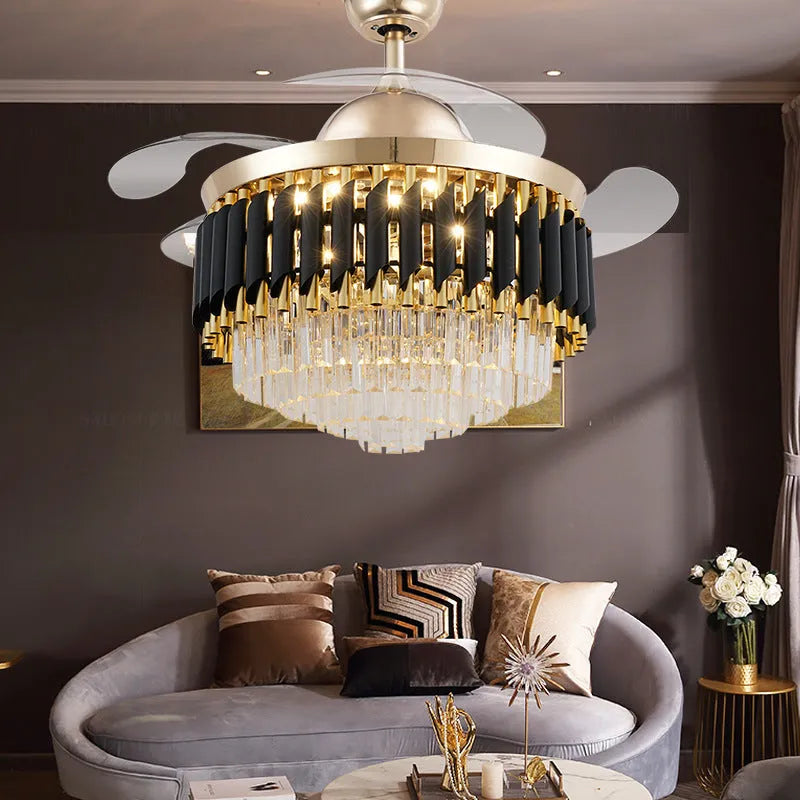Crystal chandelier ceiling fan light with LED illumination and remote control in 42-inch or 48-inch size options
