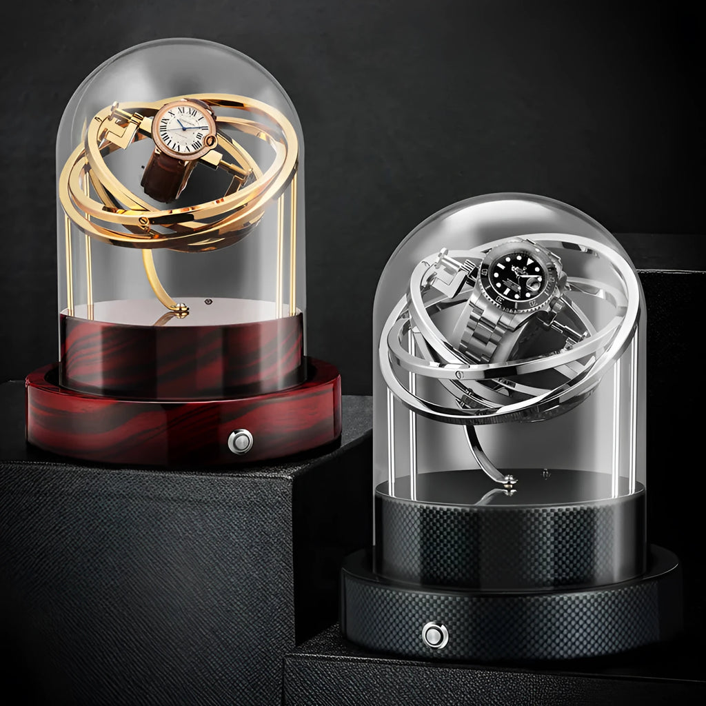 Glass cover mechanical watch shaker with Japan Mabuchi silent motor, 18cm x 18cm x 23cm, Gold or Silver, two pillows included
