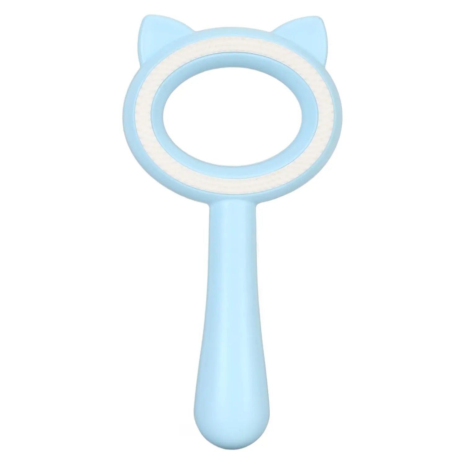 Blue and white double-sided pet grooming brush with ergonomic handle on a table
