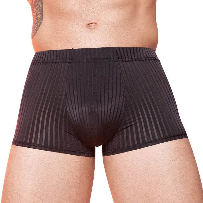 Men's thin striped nylon underwear in black, white, and dark grey on a white background.