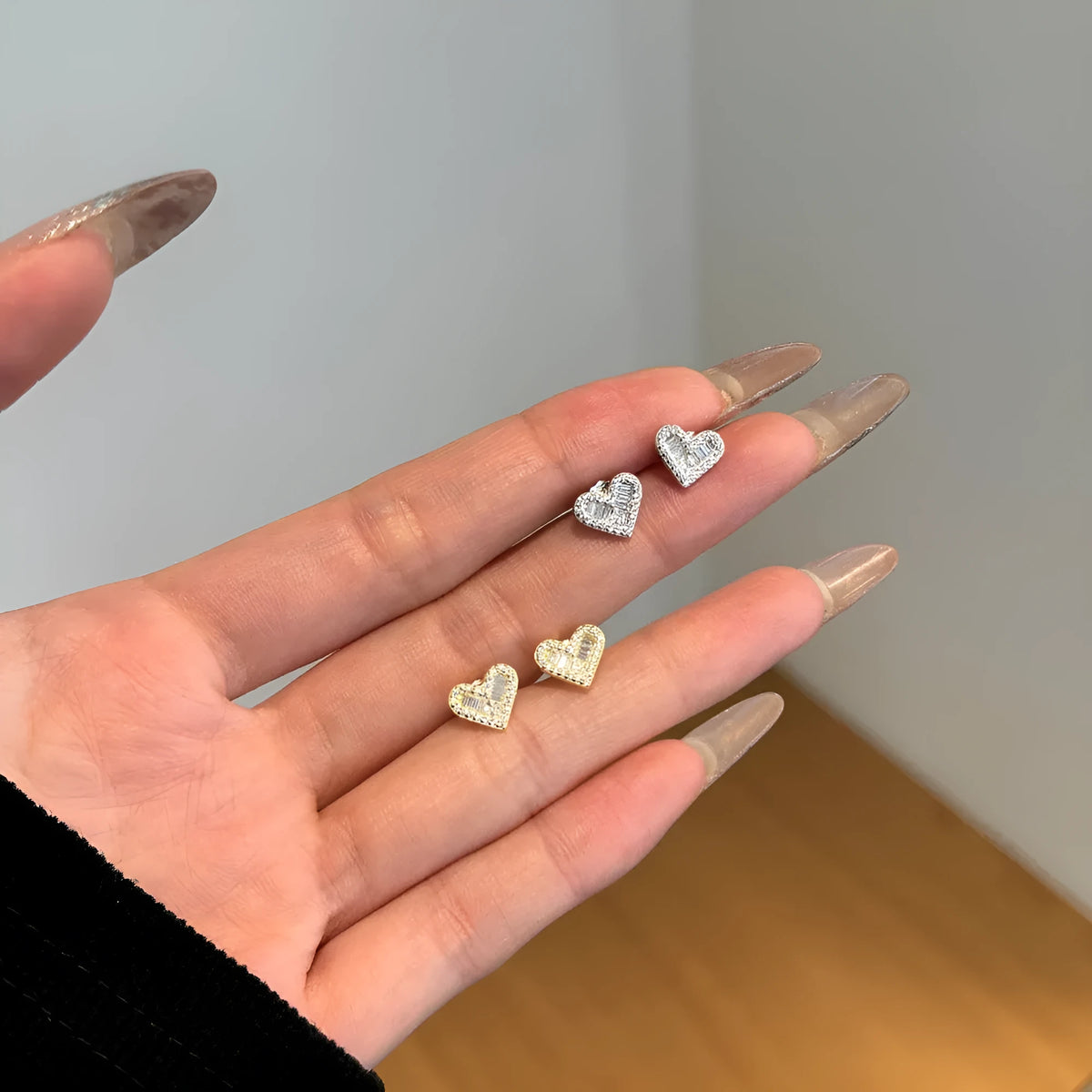 Sterling silver heart-shaped stud earrings with zircon rhinestone, electroplated finish, three colour options
