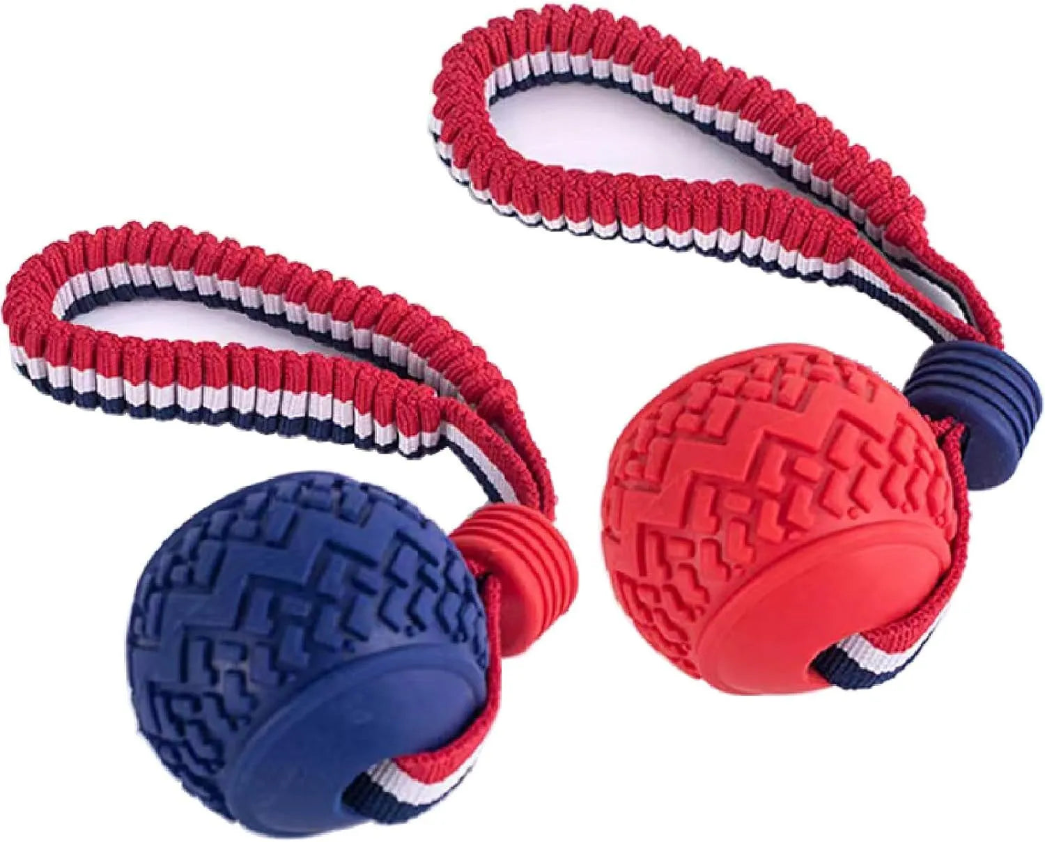 Blue rubber dog ball with rope attachment for tug-of-war and teeth cleaning