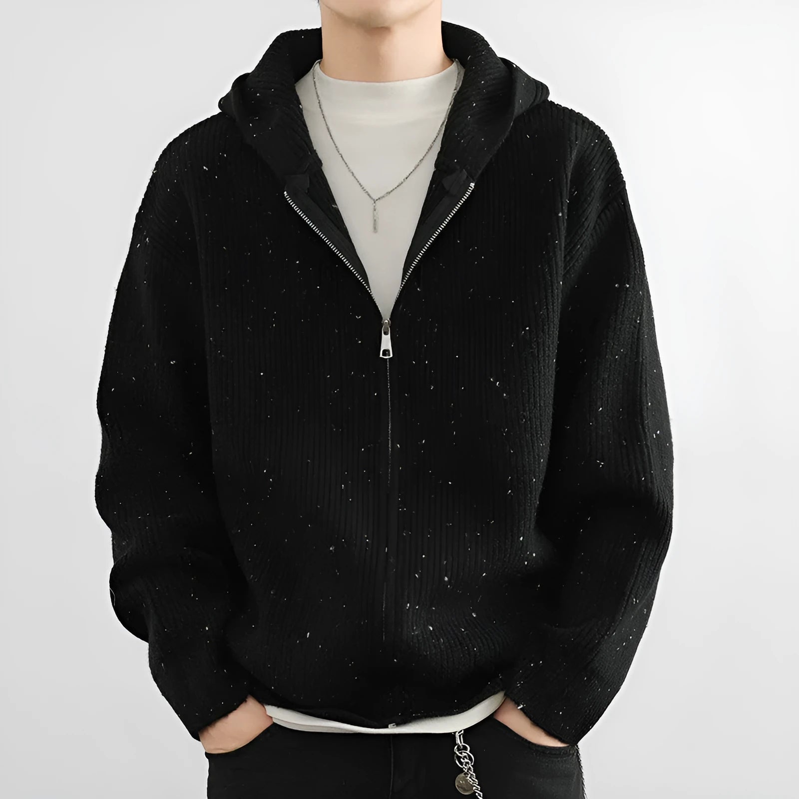 Hooded thickened cardigan sweater in apricot, loose fit, front view, for youth
