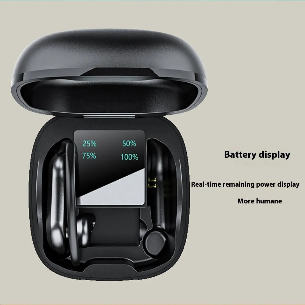 Black plastic wireless TWS sports Bluetooth headset with digital display screen, ear-mounted design