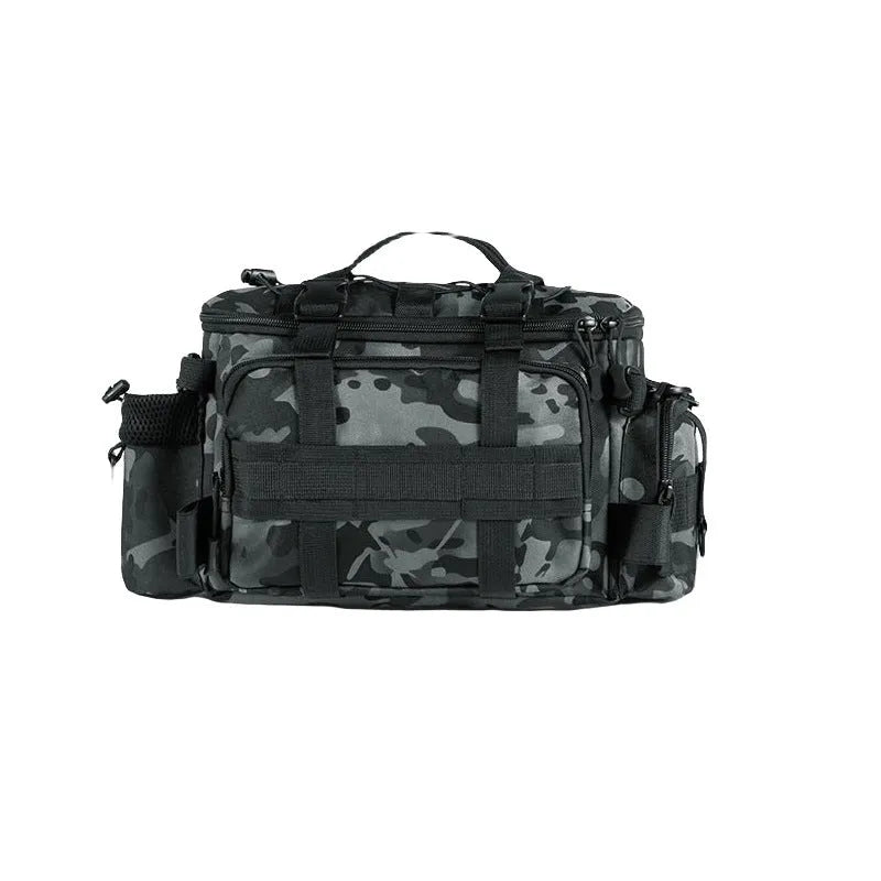 Luya crossbody multi functional fishing storage bag in Oxford cloth with camouflage pattern and multiple compartments.