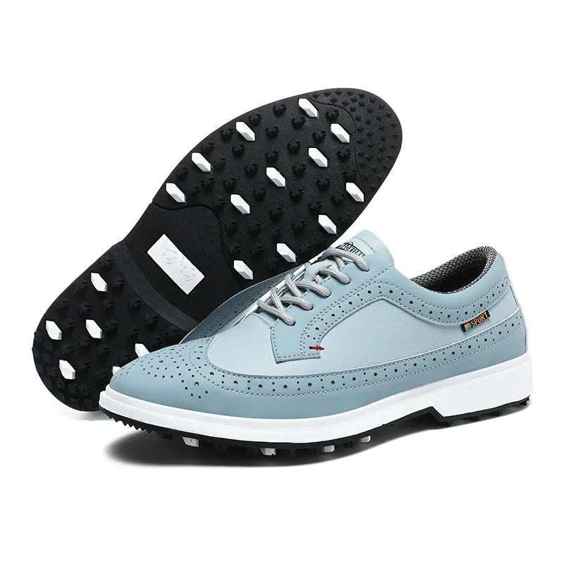 Men's Lake Blue and White genuine leather golf shoes with non-slip rubber outsoles.
