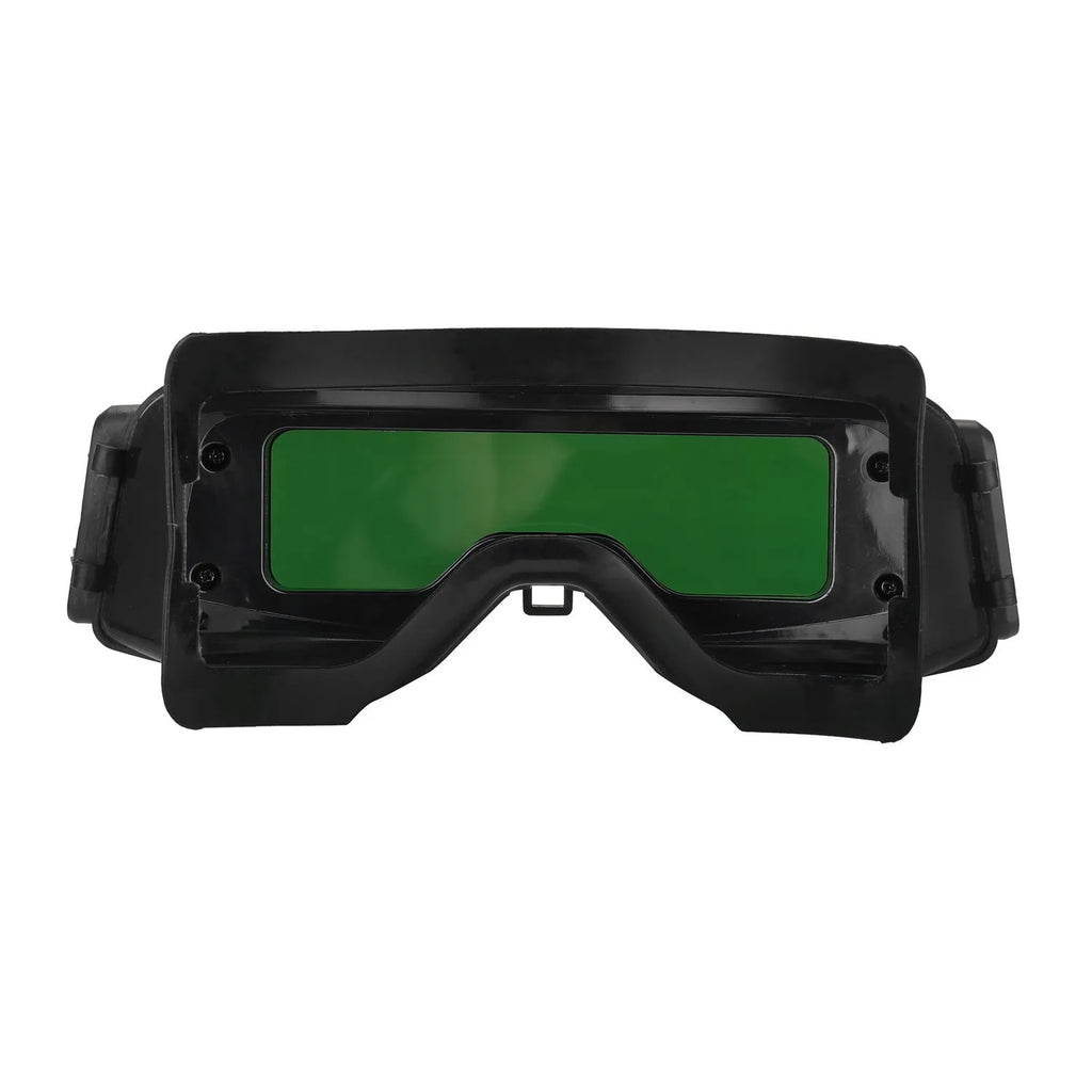 Black automatic darkening welding mask showing the large rectangular viewing lens and head strap.