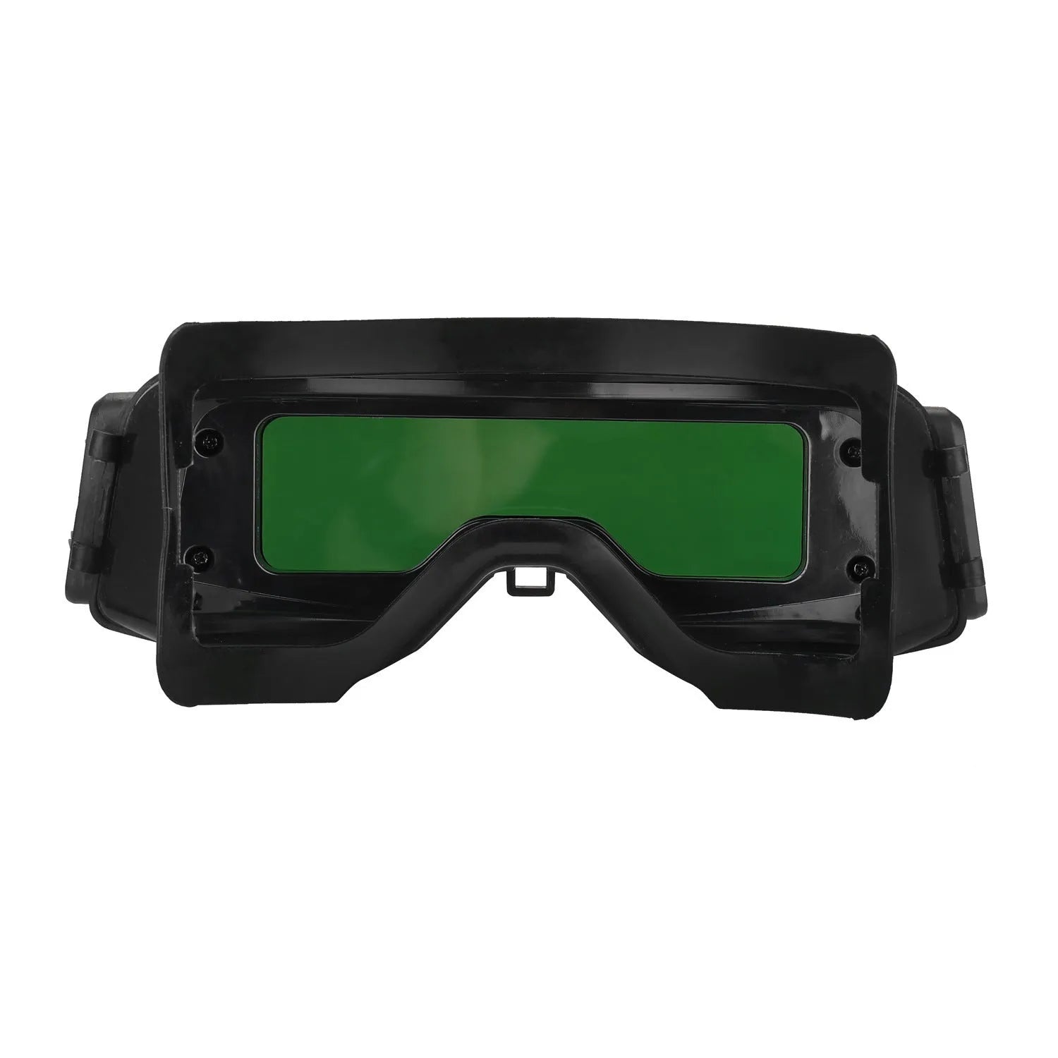 Black automatic darkening welding mask showing the large rectangular viewing lens and head strap.