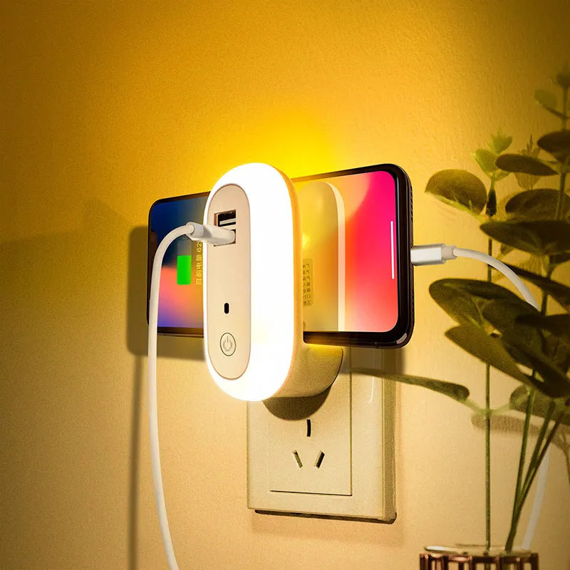 Oval small night light with dual USB charging ports and remote control, 1W LED wall plug-in lamp