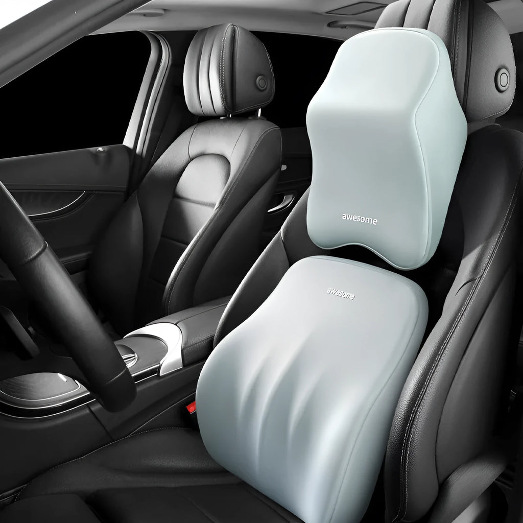 Memory foam car lumbar pillow with geometric pattern headrest support in black colour