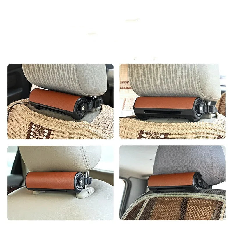 Compact black bladeless car fan with USB cable, mounted on a car dashboard