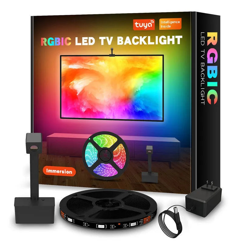 Graffiti APP smart TV backlight strip with camera controller and remote on black background