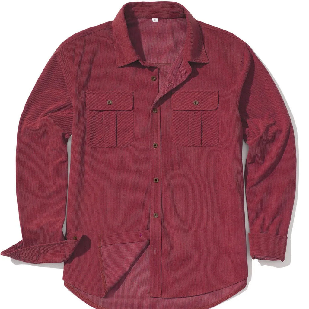 Man wearing a loose-fit Army Green corduroy shirt in Japanese retro style with long sleeves.