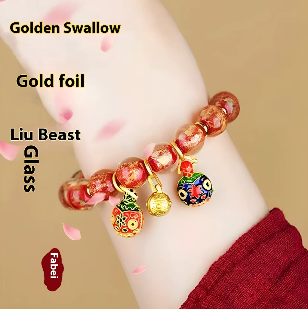 Ancient French Glaze geometric glass bead bracelet with auspicious patterns in red, purple, blue, green, black or colourful.