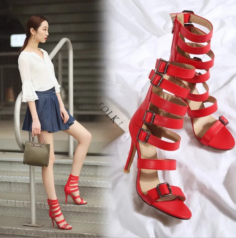 Women's high tube belt buckle high heel sandals in black with Roman boot style and ankle strap
