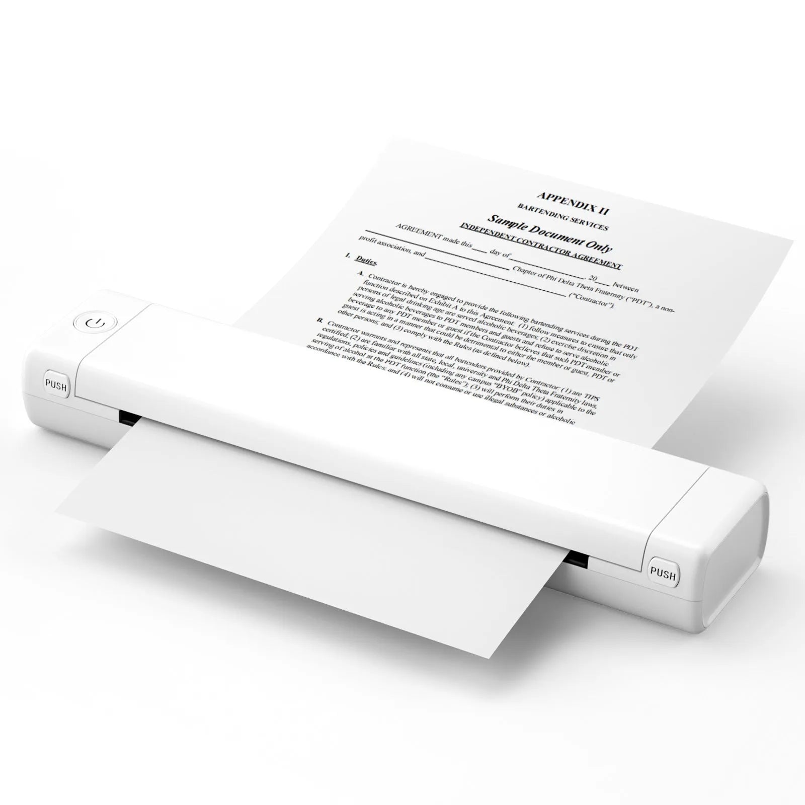 Phomemo M08F white portable A4 thermal printer on a desk next to a mobile phone.
