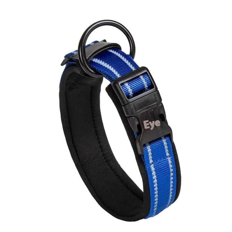 Adjustable cloth dog collar for medium and large dogs in blue, red, orange, lake blue, black, or fluorescent green.