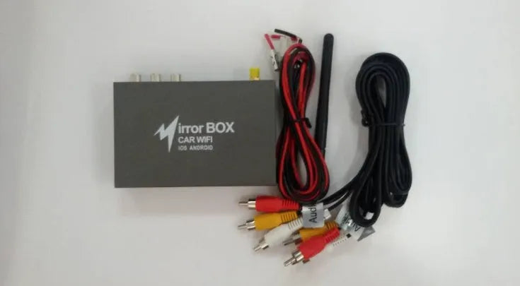Black car mirror link box Wi-Fi converter with power cable, antenna, and AV cable for smartphone screen mirroring.