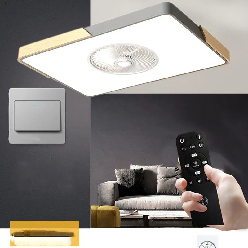 Nordic ceiling fan with integrated light fixture in solid wood, showing rectangular, round, and square shape options.