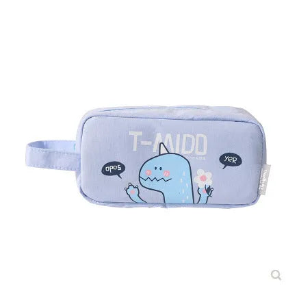 Cartoon dinosaur stationery bag in inverted trapezoid shape made from cotton cloth on blue background