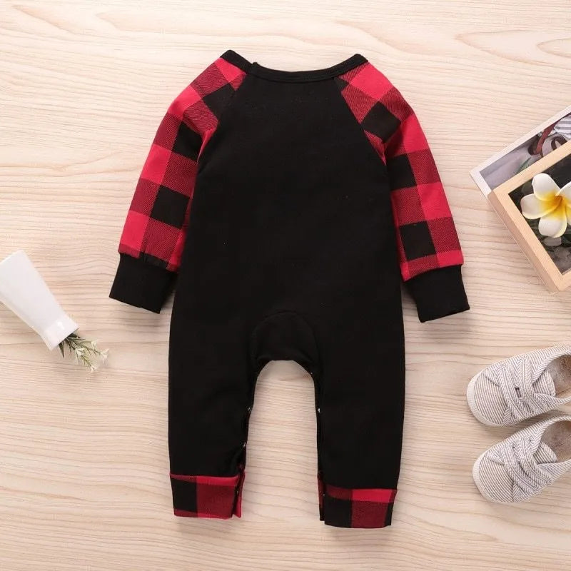 Red plaid Christmas romper with elk design for baby, long sleeves, cotton fabric, available in sizes 70cm to 100cm
