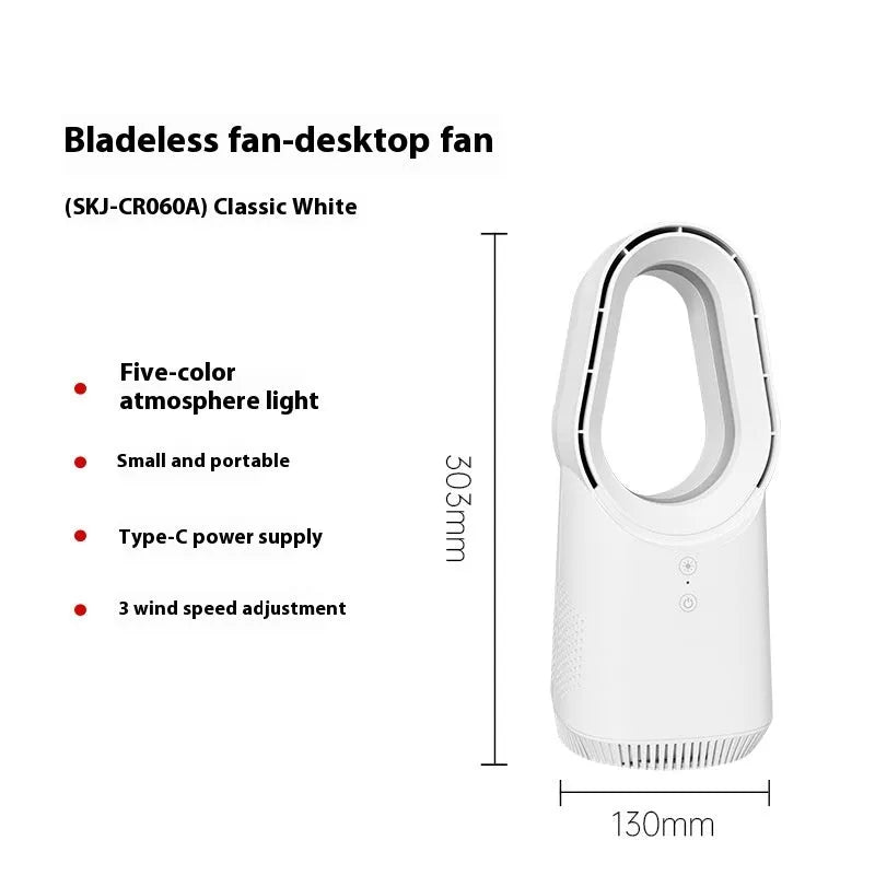 White SK bladeless tower fan with remote control on desktop