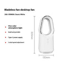White SK bladeless tower fan with remote control on desktop