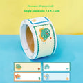 Roll of cartoon tape name stickers showing dinosaur, astronaut, rabbit, and girl designs with 60 stickers