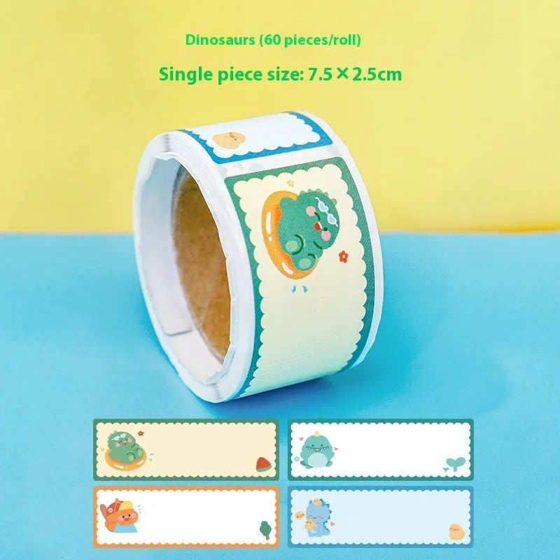 Roll of cartoon tape name stickers showing dinosaur, astronaut, rabbit, and girl designs with 60 stickers