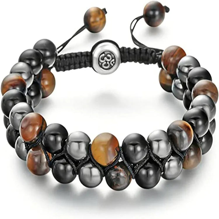 Men's tiger eye stone woven bracelet with geometry pattern and magnet closure