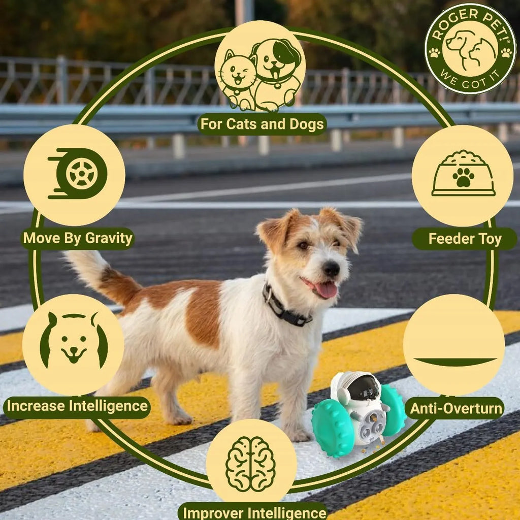 Robot-inspired self-balancing dog treat dispenser toy in various colours for small pets