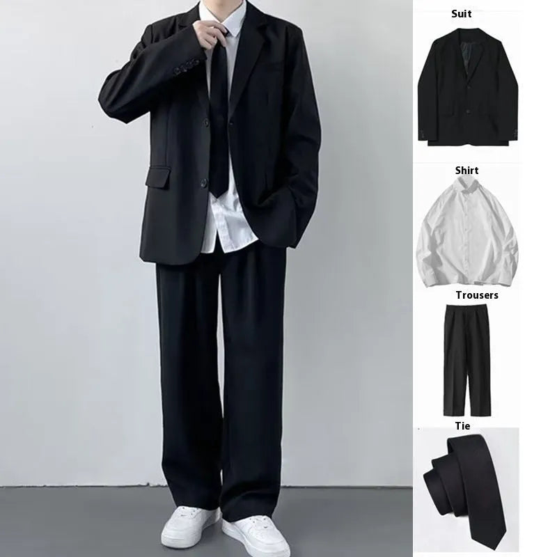 Plus size men's college style suit set with jacket, trousers, white shirt and tie