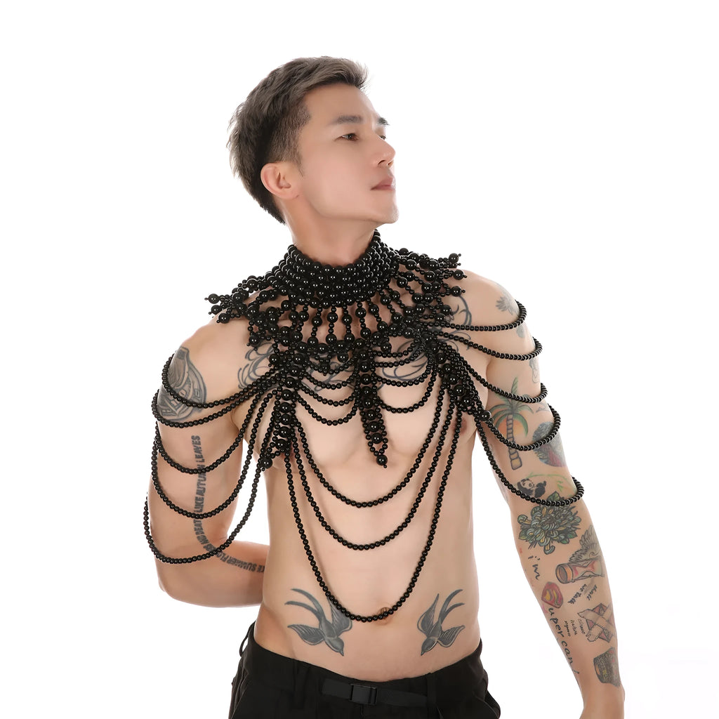 Men's hand-knitted black vest with multi-layer pearl detailing, tight fit, 51cm length, polyester-cotton blend