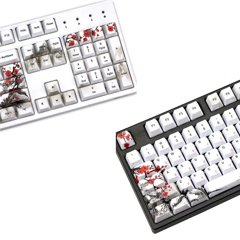 Set of 109 PBT keycaps with plum blossom design on a black background, showing Japanese legend style.
