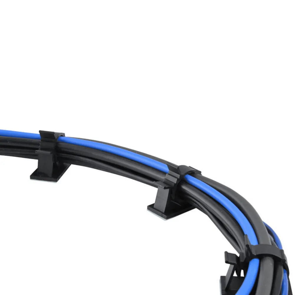 Black nylon adhesive cable clamps in a pack of 10 for securing wires up to 13mm thick.
