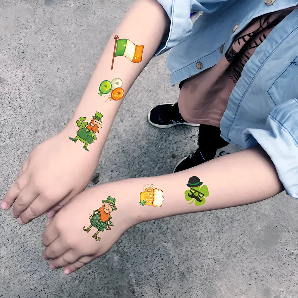 St Patrick's Day clover design temporary tattoo sticker for children measuring 120 by 75 millimetres.