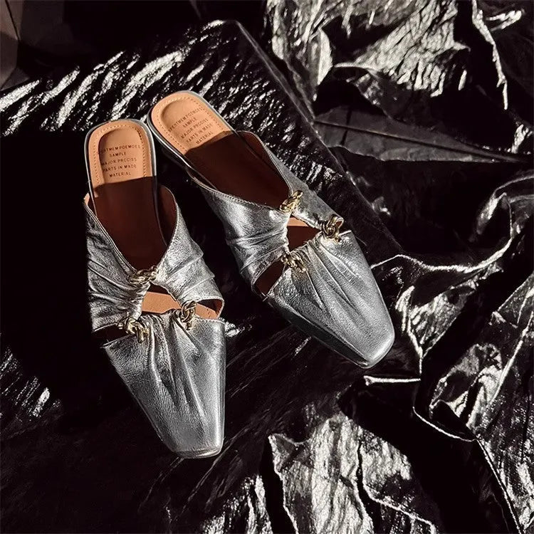Women's genuine leather half toe cap slippers in metallic colours with square toe and TPR sole