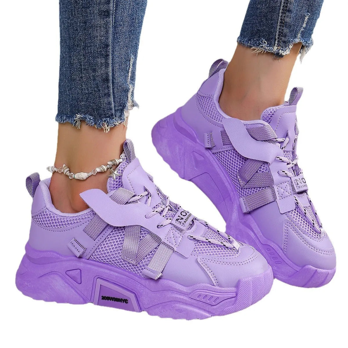 Women's platform mesh dad shoes in purple, green, white, pink, or yellow with front lace-up fastening