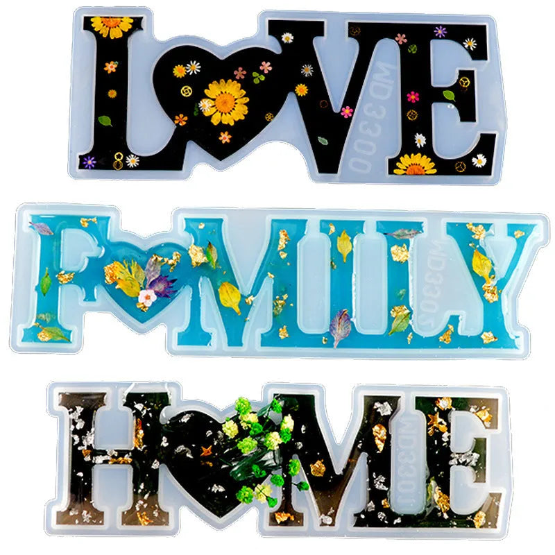 Silicone epoxy mould showing English alphabet letters and love-themed words for jewellery making