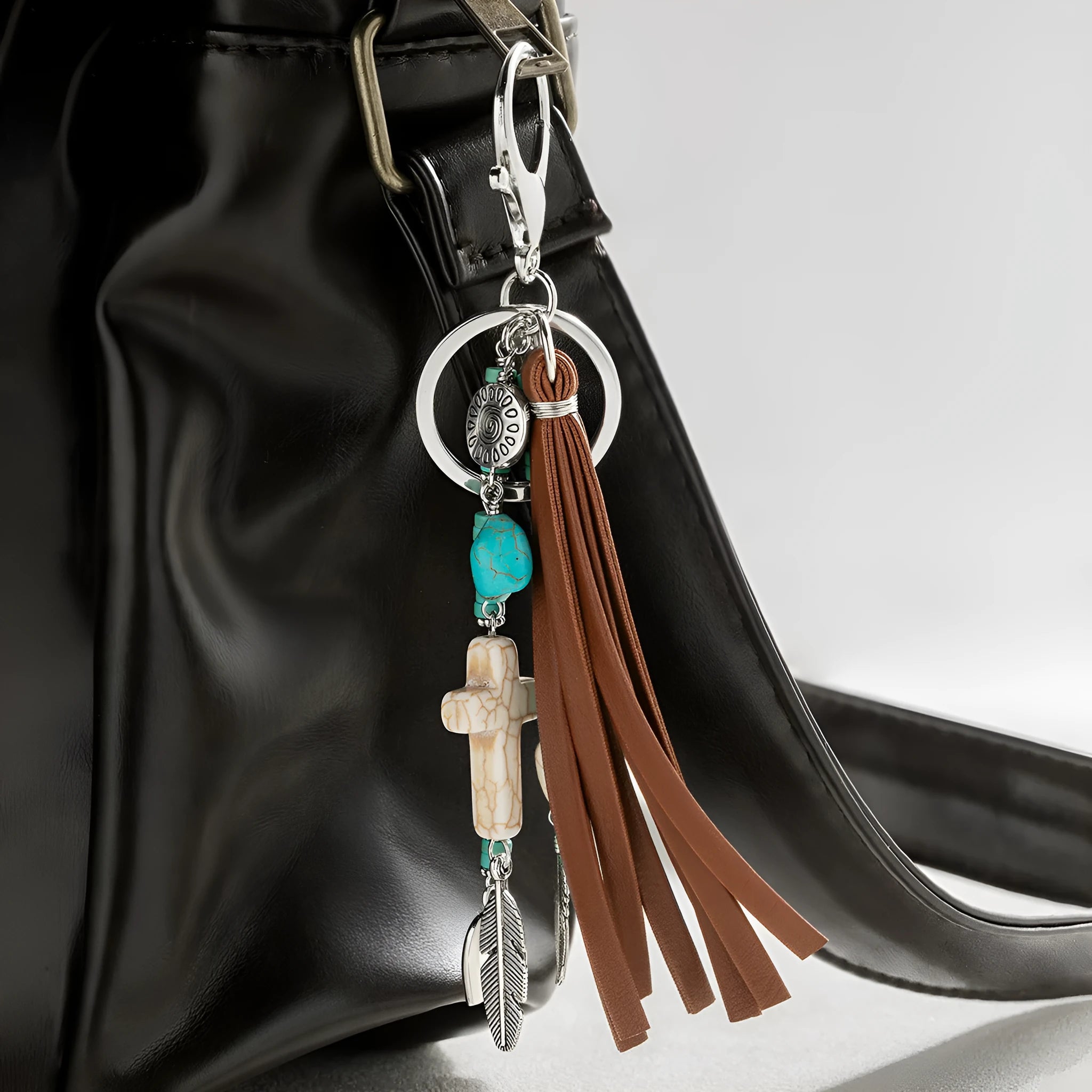 Alloy cross pendant with leather rope and tassel keychain in retro style colour XY-3669