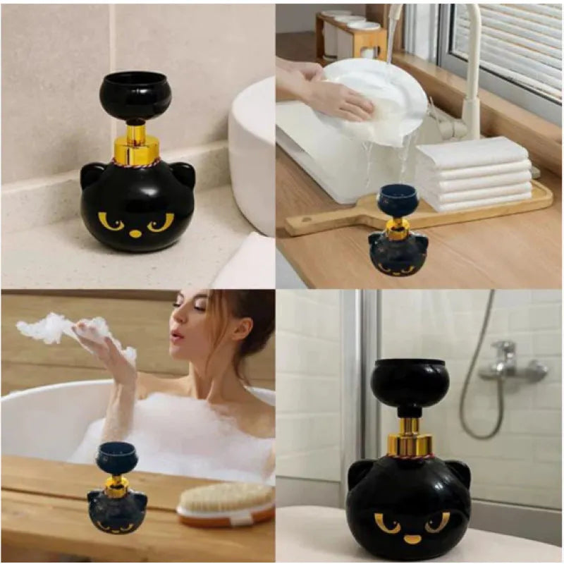 Black plastic cat cartoon foam soap dispenser measuring 10x10x18cm with decorative ornament design