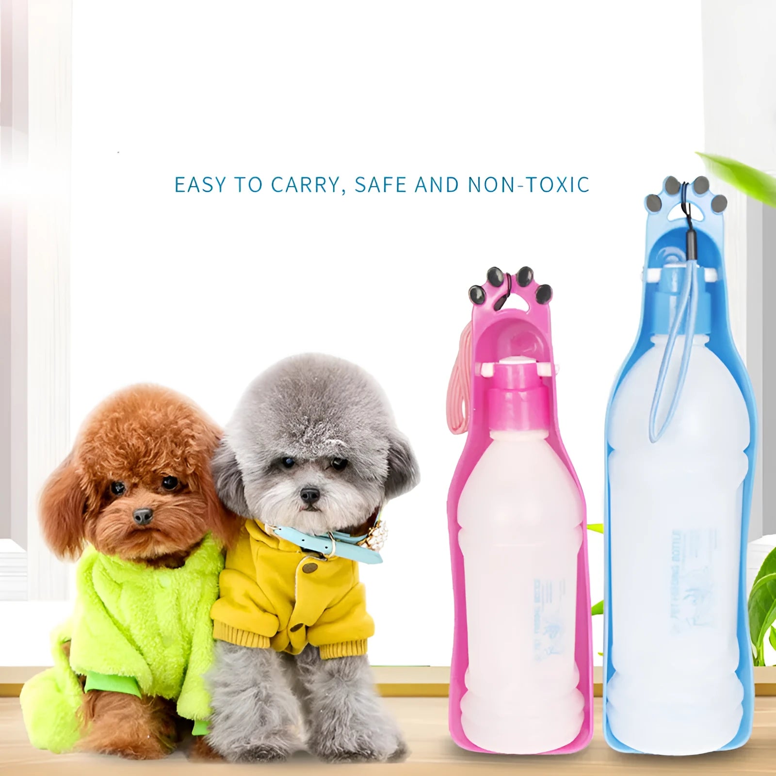 Portable pet cup drinker in pink, 600ml plastic outdoor water bottle for dogs