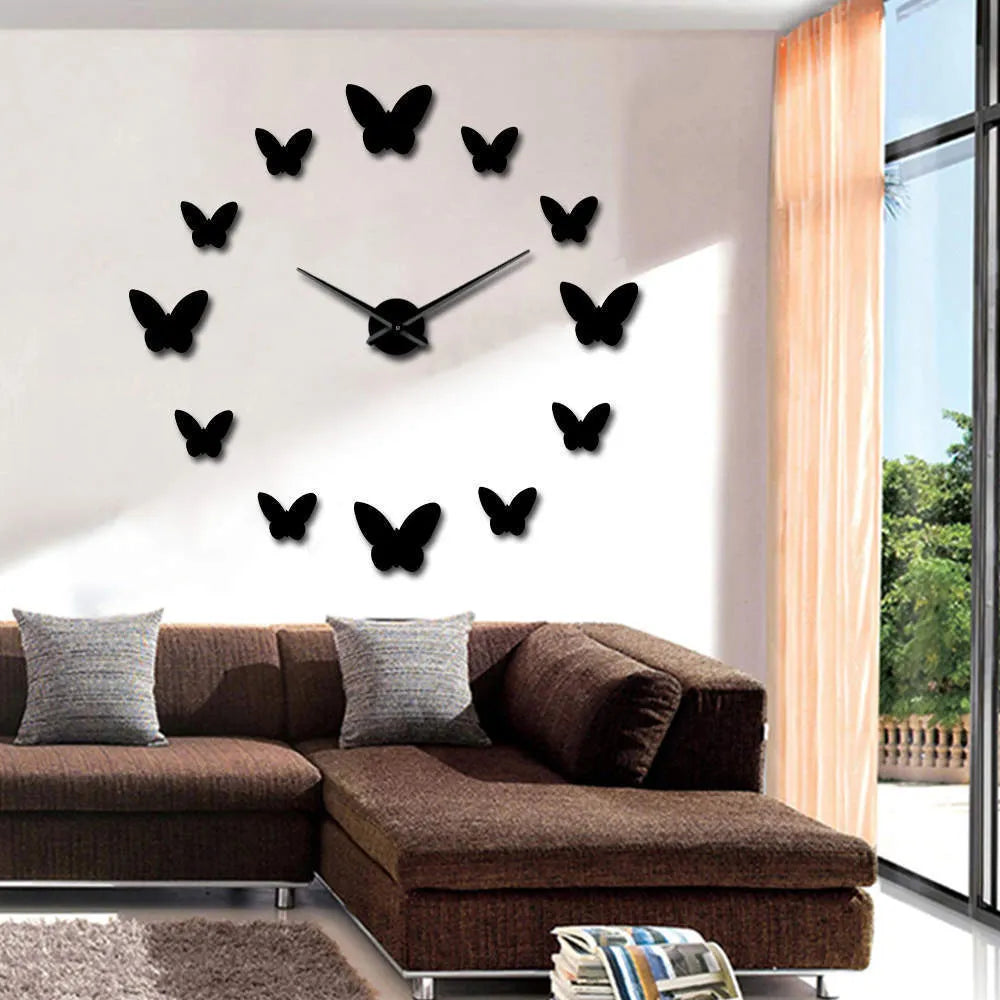 3D mirror butterfly wall clock, round Scandinavian style, available in black, gold or silver, digital display.
