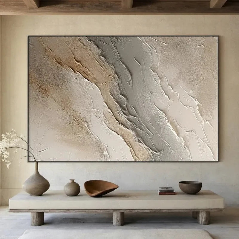 Hand-painted beige grey abstract oil painting on rolled unframed canvas for living room wall decor