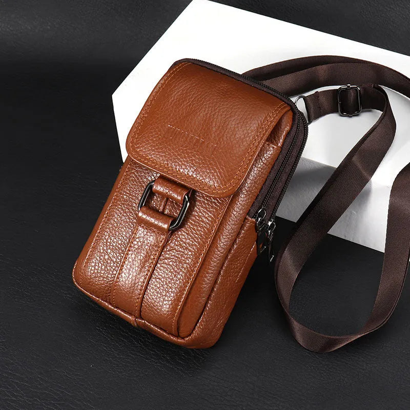 Genuine cowhide leather men's waist bag square vertical shape with sewing line detail black colour