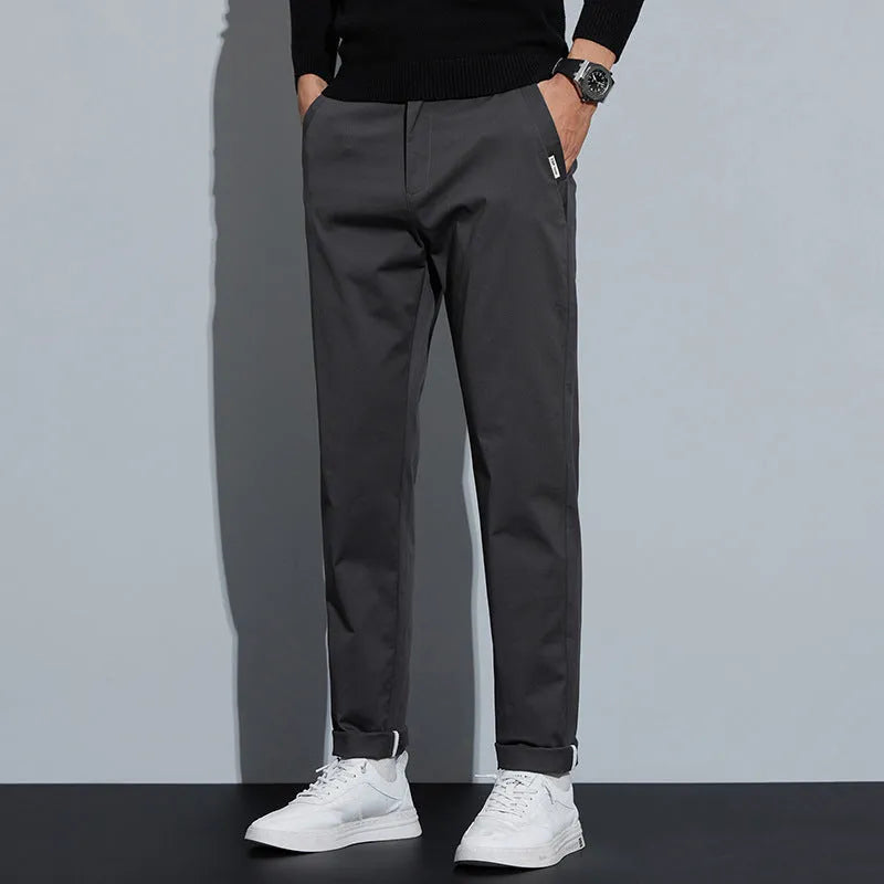 Men's combed cotton light business casual trousers, mid waist, medium elastic, dark grey black khaki grass grey, sizes 28-36