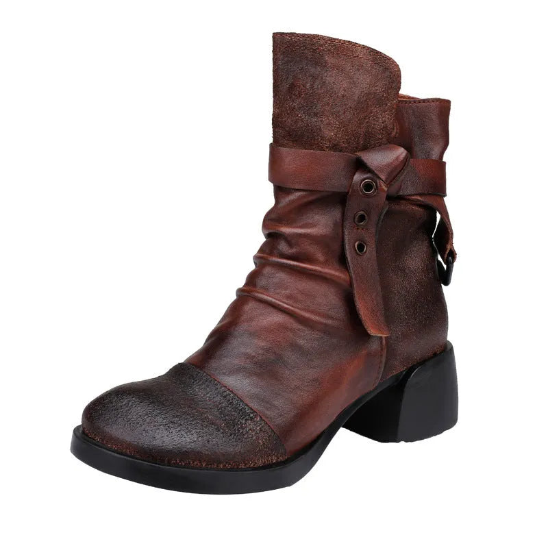Women's brown genuine leather retro ankle boots with a chunky heel and round toe
