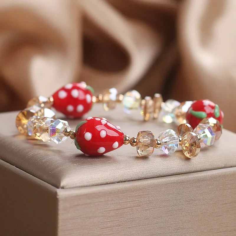 Red hand painted strawberry beaded bracelet for women with artificial crystal beads