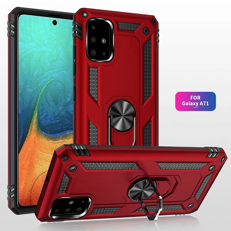Drop-resistant bracket magnetic phone case for Samsung A03S in black, showing TPU PC metal back cover with built-in bracket